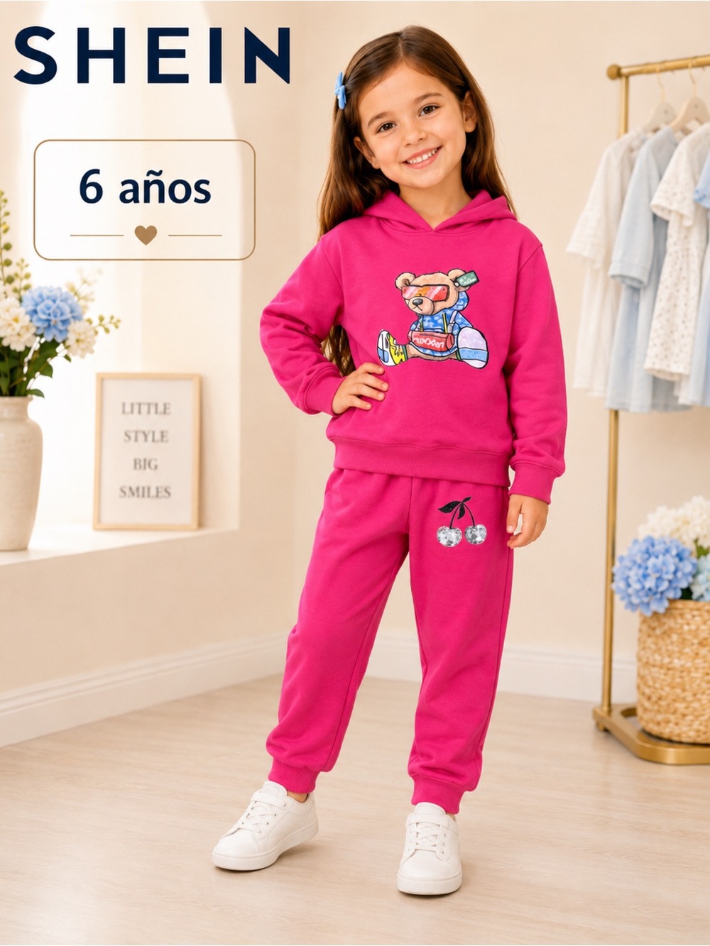 SHEIN Fuchsia Girls Hoodie & Sweatpants Set with Bear Graphic